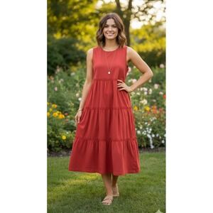 J. Crew Salmon Colored Cotton Tiered Sleeveless Midi Dress Pockets Womens Size 6